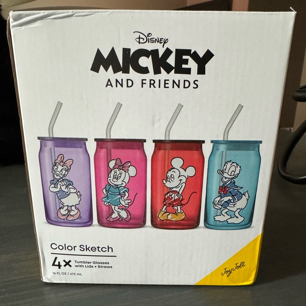 Disney's Mickey Mouse & Friends 4-Piece Color Sketch Glasses w/ Straws & Lids